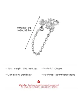 Silver plated copper cross ear cuff for non-pierced ears with hanging chain and zircon stones
