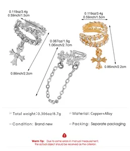Tech sheet of copper cubic zirconia cross ear cuffs showing precise weight and size.
