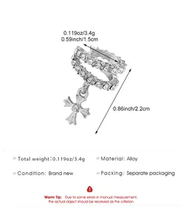 Detailed view of silver zircon cross ear cuff with size measurements and weight specs
