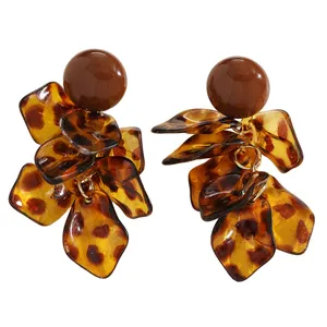 Fashionable Maillard style leopard print petal tassel earrings with brown studs