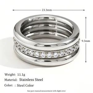 Poliertes stahlfarbenes 3-teiliges Edelstahl-Ring-Set mit funkelnden Zirkonia-Steinen