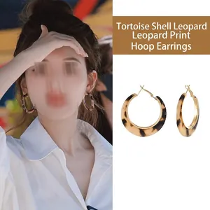Vintage Resin Leopard Print Round Hoop Earrings For Women Retro Geometric Coffee Color Earring With Silver Earring Post Jewelry