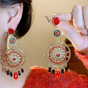 Boucles d'Oreilles Pendantes Vintage Ethniques Fleur Ajourée Pour Femmes Alliage Plaqué Or Avec Strass Et Gland Tige En Argent Sterling 925