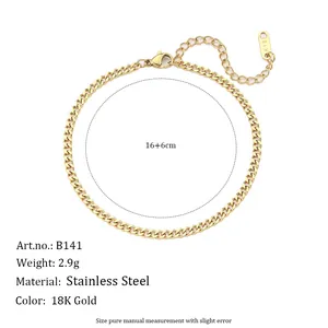 Close-up detail of 18K gold plated stainless steel curb chain bracelet showing dimensions