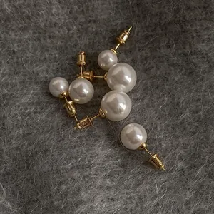 Elegant Artificial Pearl Stud Earrings With Silver Earring Post Minimalist Round Geometric Light Luxury Jewelry For Women