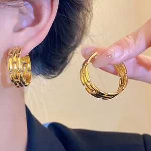 Light Luxury Real Gold Plated Copper Geometric Chain Link Hoop Earrings For Women Fashion Round Weave Textured Ear Jewelry