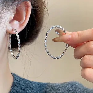 Geometric Diamond Cut Hoop Earrings Fashion Silver Color Copper Large Circle Earrings For Women Chic Jewelry Gift