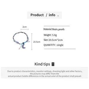 Detail of resin braided bracelet with moon pendant and product size specifications.