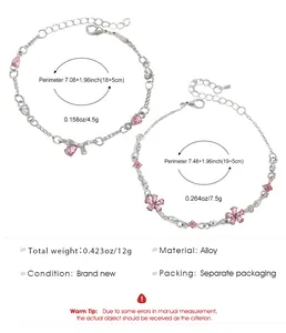 Detail of flower and bow rhinestone bracelets with size and weight info