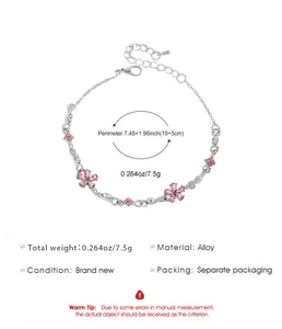 Detailed specifications of the pink flower alloy bracelet with dimensions and weight info.