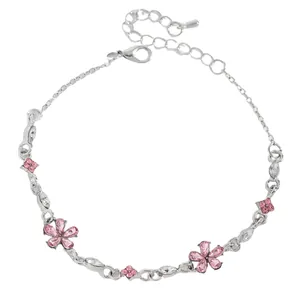 Elegant silver-plated chain bracelet adorned with sparkling pink zircon flower motifs