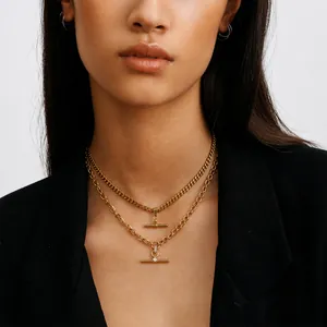 Detailed view of gold-plated stainless steel layered T-bar toggle necklace for women.
