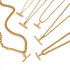 Gold-plated titanium steel T-bar pendant necklace set featuring various chain styles