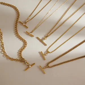 Detail view of gold stainless steel T-bar toggle necklaces with various chain styles
