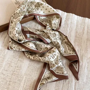 Elegant retro paisley print silk scarf necklace accessory in brown and cream color