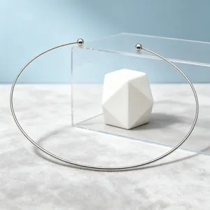 Minimalist elegant silver titanium steel C-shaped open collar necklace with ball endings.