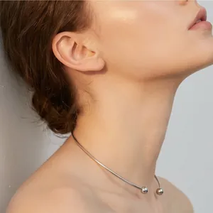 Elegant minimalist silver-toned C-shaped stainless steel choker necklace for women