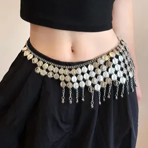 Bohemian multi-layer metallic coin waist chain belt with tassels for women