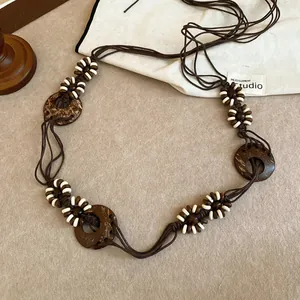Bohemian multi-layer hemp rope braided waist chain with circular wooden charms
