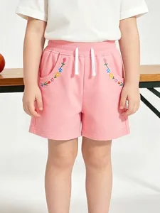 Short Décontracté en Coton pour Filles Avec Broderie Florale Finition Souple Taille Élastique Cordon de Serrage Été Mode Enfants Rose