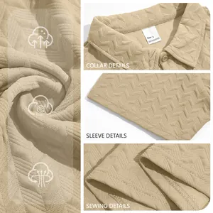 Beige jacquard men's polo shirt detail views showing collar and breathable texture