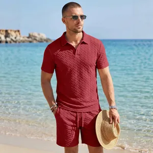 Ensemble deux pièces polo et short en jacquard rouge pour homme pour vacances à la plage