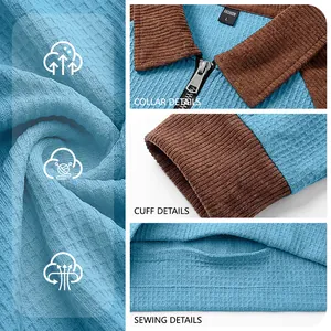 Men's waffle knit quarter zip polo sweatshirt with breathable fabric and contrast collar details