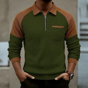 Men's waffle knit quarter-zip polo shirt with stylish color-block design in green and brown