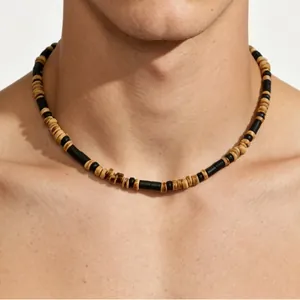 Bohemian Men Beaded Necklace Wood Turquoise Spliced Ethnic Style Adjustable Vintage Minimalist Jewelry Accessory