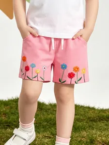 Girls Cotton Knit Shorts With Floral Embroidery Applique Casual Summer Mid Length Sports Shorts For Toddlers Kids Shorts