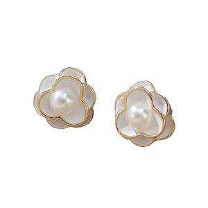 Elegant white camellia flower stud earrings with pearl centers S925 silver needle.