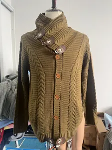 Men's olive green knit cardigan with high collar and toggle button details on mannequin