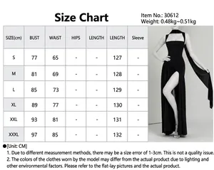 Detailed size chart for elegant black halter dress with high slit and tie-neck design