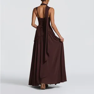 Back view of chocolate brown maxi dress with lace-up corset and scarf detail