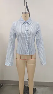 Detail view of a blue and white striped long sleeve shirt with a pointed collar