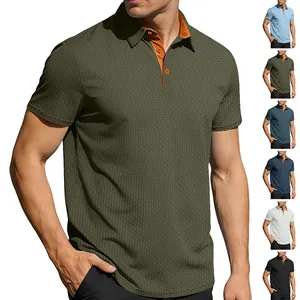 Polo Homme Manche Courte Texture Tricot Gaufre Col Contrasté Décontracté Été Haut Extensible Mode Vêtements Homme