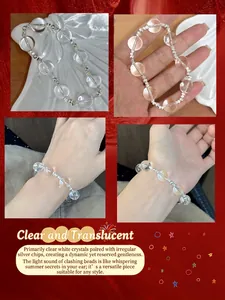 Detailed view of natural white crystal bracelet with irregular S925 silver beads.