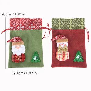 Detailansicht der 20x30cm Weihnachts-Jutesäcke mit Kordelzug, Weihnachtsmann und Schneemann