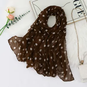 Elegant brown Balinese yarn long scarf featuring stylish white polka dots for women