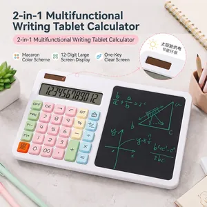 Detailed macro view of 2-in-1 calculator with LCD writing tablet and solar panel