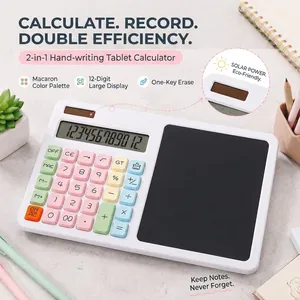 Vue détaillée de la calculatrice 2-en-1 avec tablette d'écriture LCD et solaire