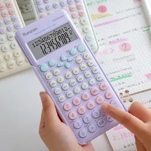 Detailed view of a purple scientific calculator with mechanical keys and dual display