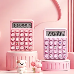 Close-up of cute mechanical calculators in pink and lavender with decorative cartoon buttons