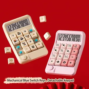 Close-up detail of mechanical switch calculator with blue switches and removable keys