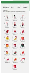 Detailed size and weight chart for various Christmas resin miniature figurines and ornaments