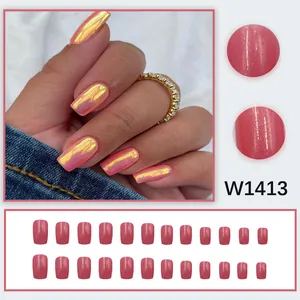 Pink aurora chrome square press-on nails set with 24pcs and mirror finish
