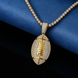 Hip Hop Rugby Football Pendant Necklace Iced Out Alloy Rhinestone American Football Jewelry For Men