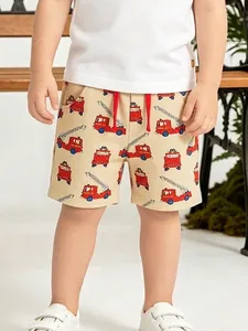 Boys 100% Cotton Shorts Summer Cartoon Fire Truck Print Casual Kids Sport Pants With Elastic Waist Beige Middle Pants