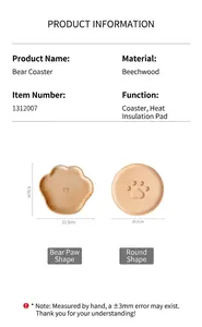 Detail view of beechwood bear paw coasters with dimensions 10.5x9.5cm and 10cm diameter