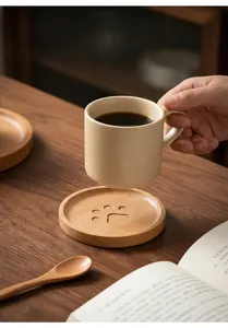 Detailed macro shot of a handcrafted wooden bear paw coaster on a rustic dark oak table
